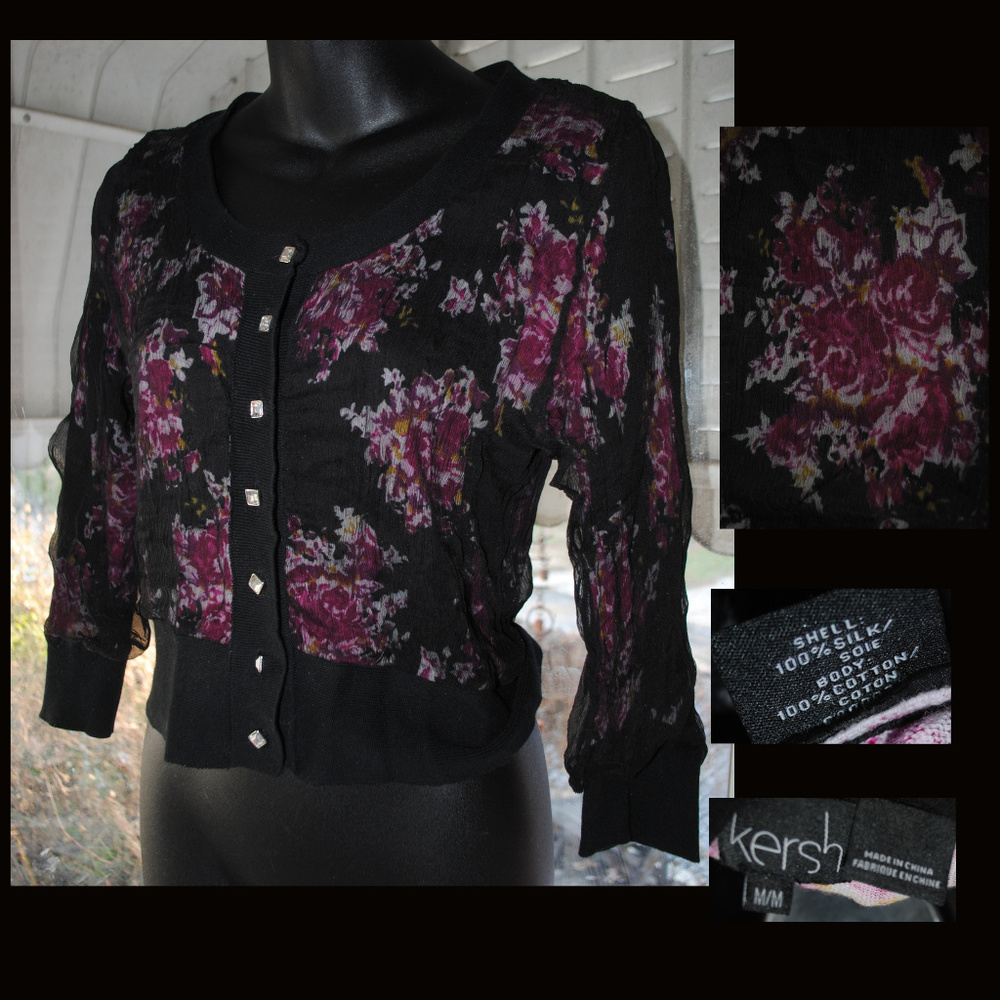 KERSH Silk Button Cardi Top - Sheer Overlay Size M